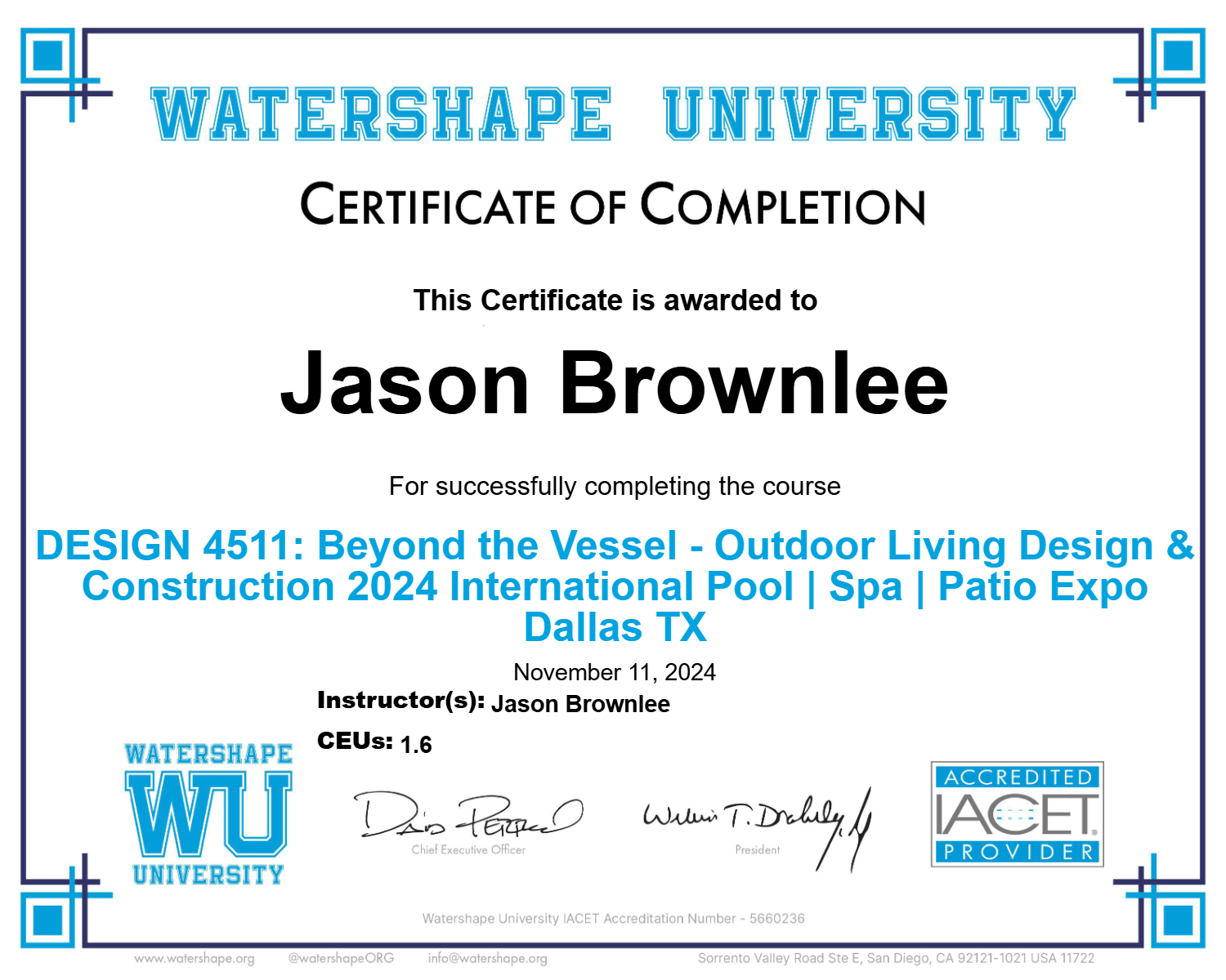 DESIGN 4511: Beyond the Vessel - Outdoor Living Design & Construction 2024 International Pool | Spa | Patio Expo Dallas TX Certificate