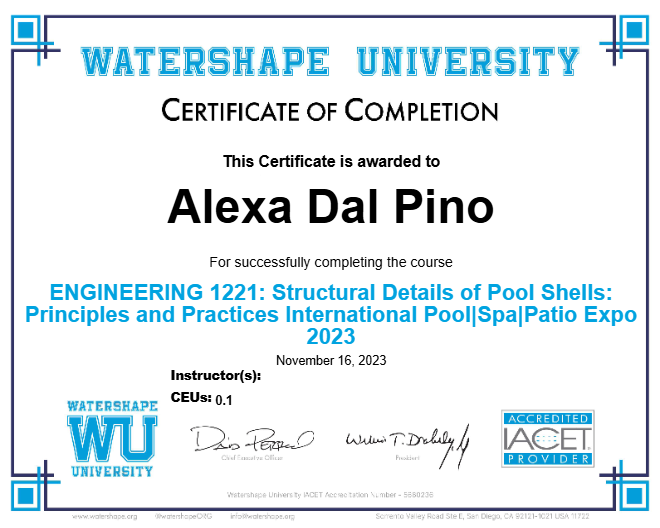 ENGINEERING 1221: Structural Details of Pool Shells: Principles and Practices International Pool|Spa|Patio Expo 2023 Certificate