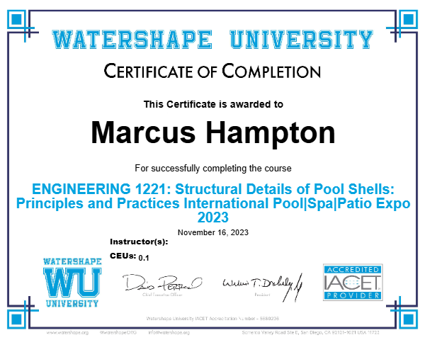ENGINEERING 1221: Structural Details of Pool Shells: Principles and Practices International Pool|Spa|Patio Expo 2023 Certificate