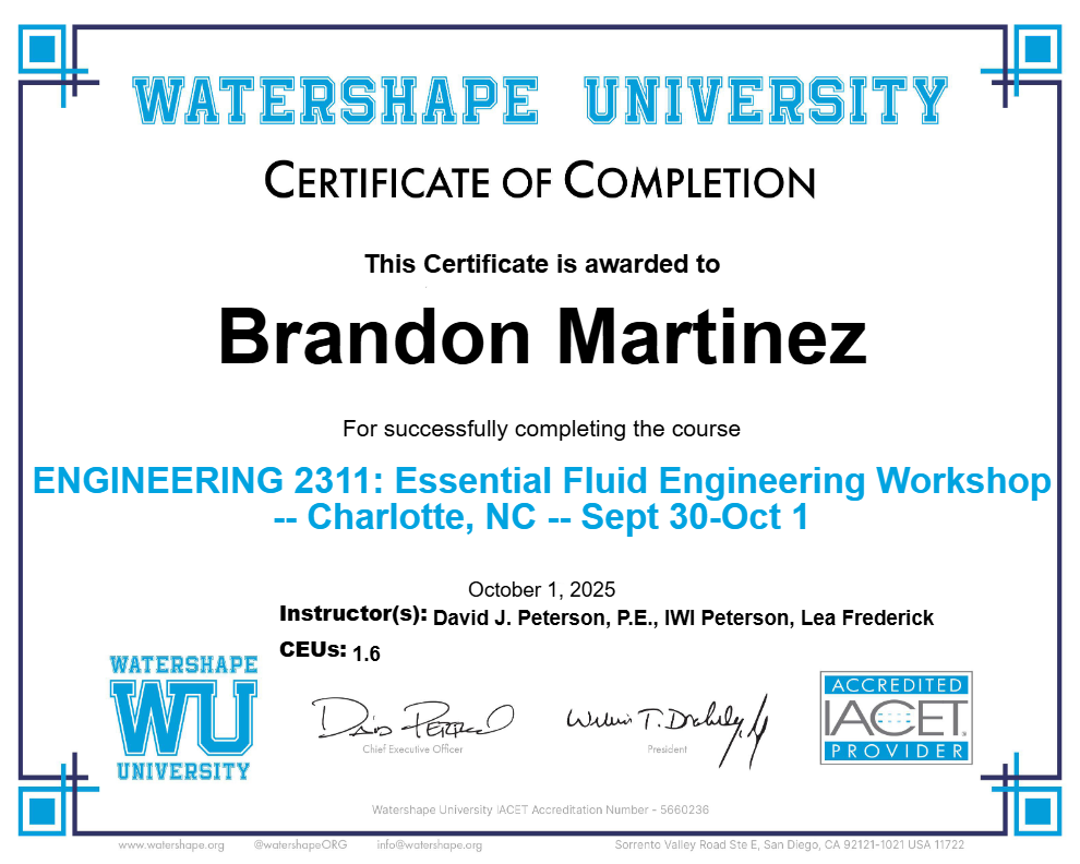 ENGINEERING 2311: Essential Fluid Engineering Workshop -- Charlotte, NC -- Sept 30-Oct 1 Certificate