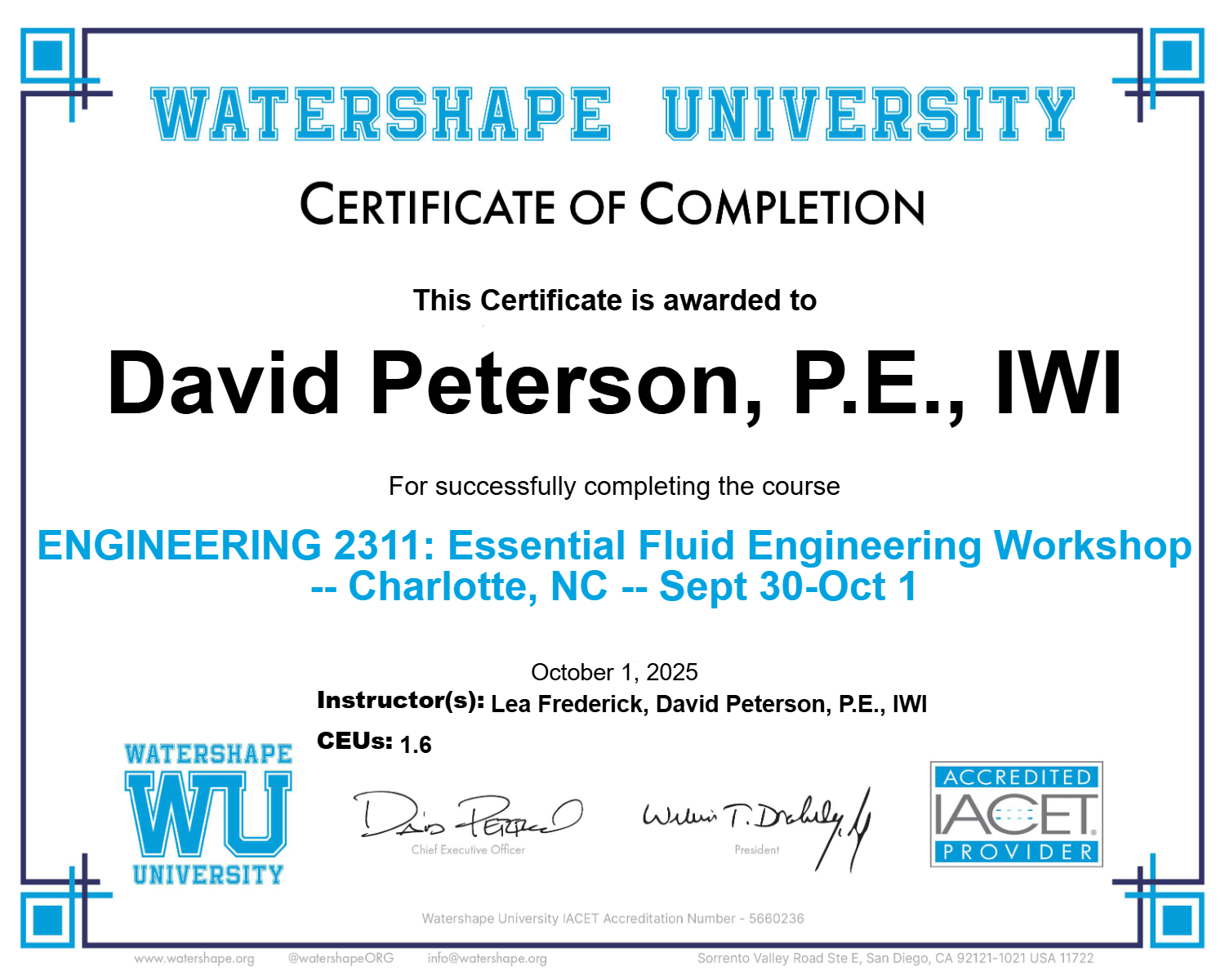 ENGINEERING 2311: Essential Fluid Engineering Workshop -- Charlotte, NC -- Sept 30-Oct 1 Certificate