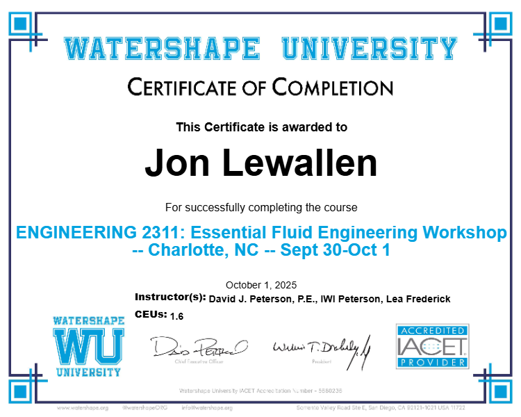 ENGINEERING 2311: Essential Fluid Engineering Workshop -- Charlotte, NC -- Sept 30-Oct 1 Certificate