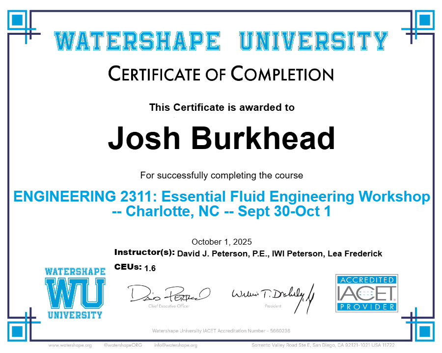 ENGINEERING 2311: Essential Fluid Engineering Workshop -- Charlotte, NC -- Sept 30-Oct 1 Certificate