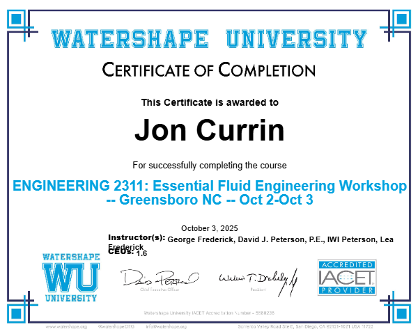 ENGINEERING 2311: Essential Fluid Engineering Workshop -- Greensboro NC -- Oct 2-Oct 3 Certificate