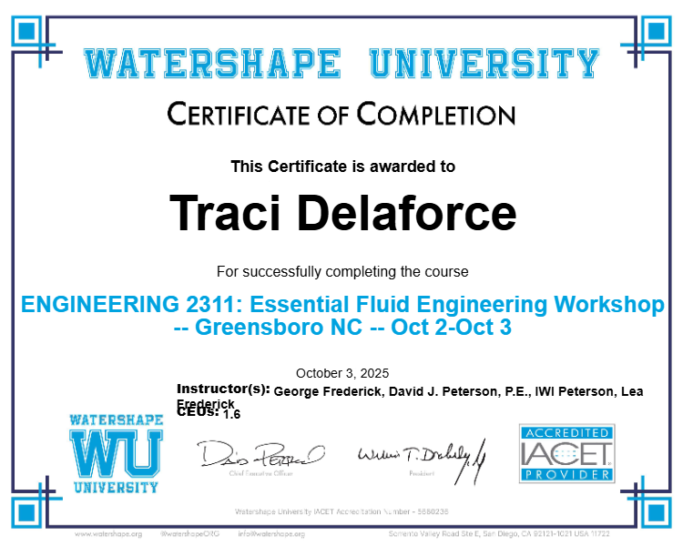 ENGINEERING 2311: Essential Fluid Engineering Workshop -- Greensboro NC -- Oct 2-Oct 3 Certificate