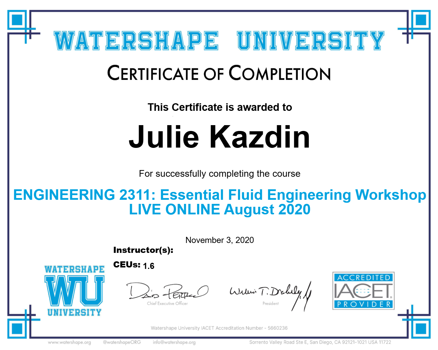 ENGINEERING 2311: Essential Fluid Engineering Workshop LIVE ONLINE August 2020 Certificate