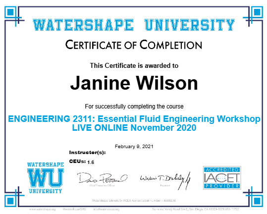 ENGINEERING 2311: Essential Fluid Engineering Workshop LIVE ONLINE November 2020 Certificate