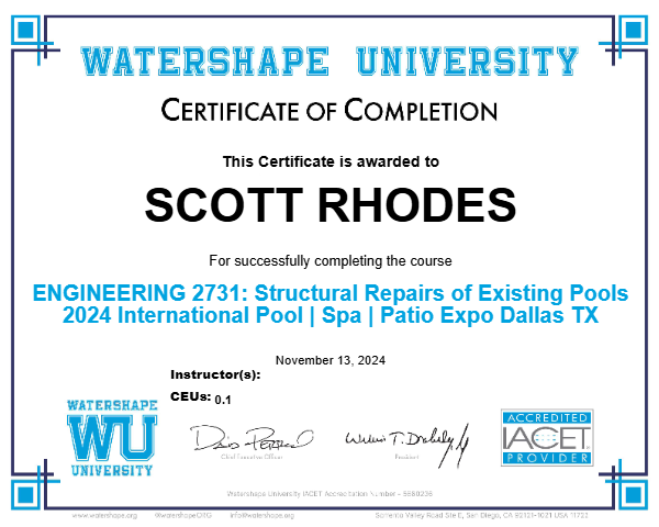 ENGINEERING 2731: Structural Repairs of Existing Pools 2024 International Pool | Spa | Patio Expo Dallas TX Certificate