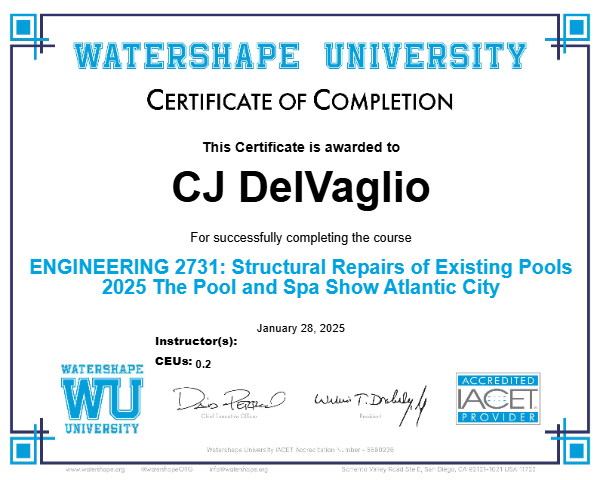 ENGINEERING 2731: Structural Repairs of Existing Pools 2025 The Pool and Spa Show Atlantic City Certificate