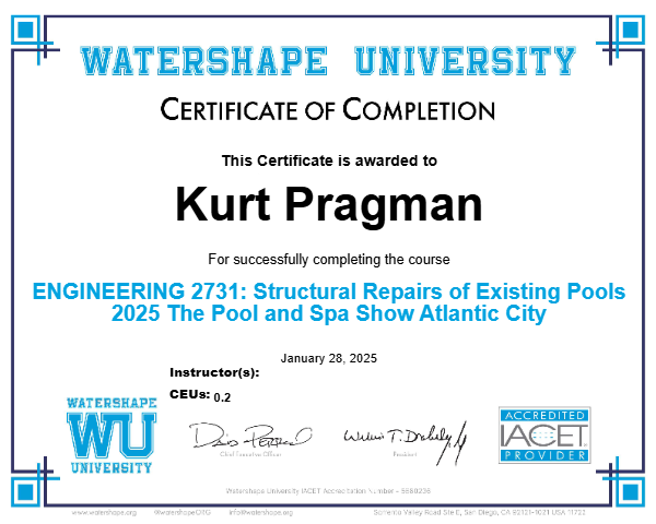 ENGINEERING 2731: Structural Repairs of Existing Pools 2025 The Pool and Spa Show Atlantic City Certificate