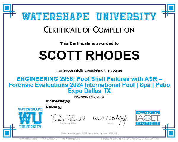 ENGINEERING 2956: Pool Shell Failures with ASR – Forensic Evaluations 2024 International Pool | Spa | Patio Expo Dallas TX Certificate