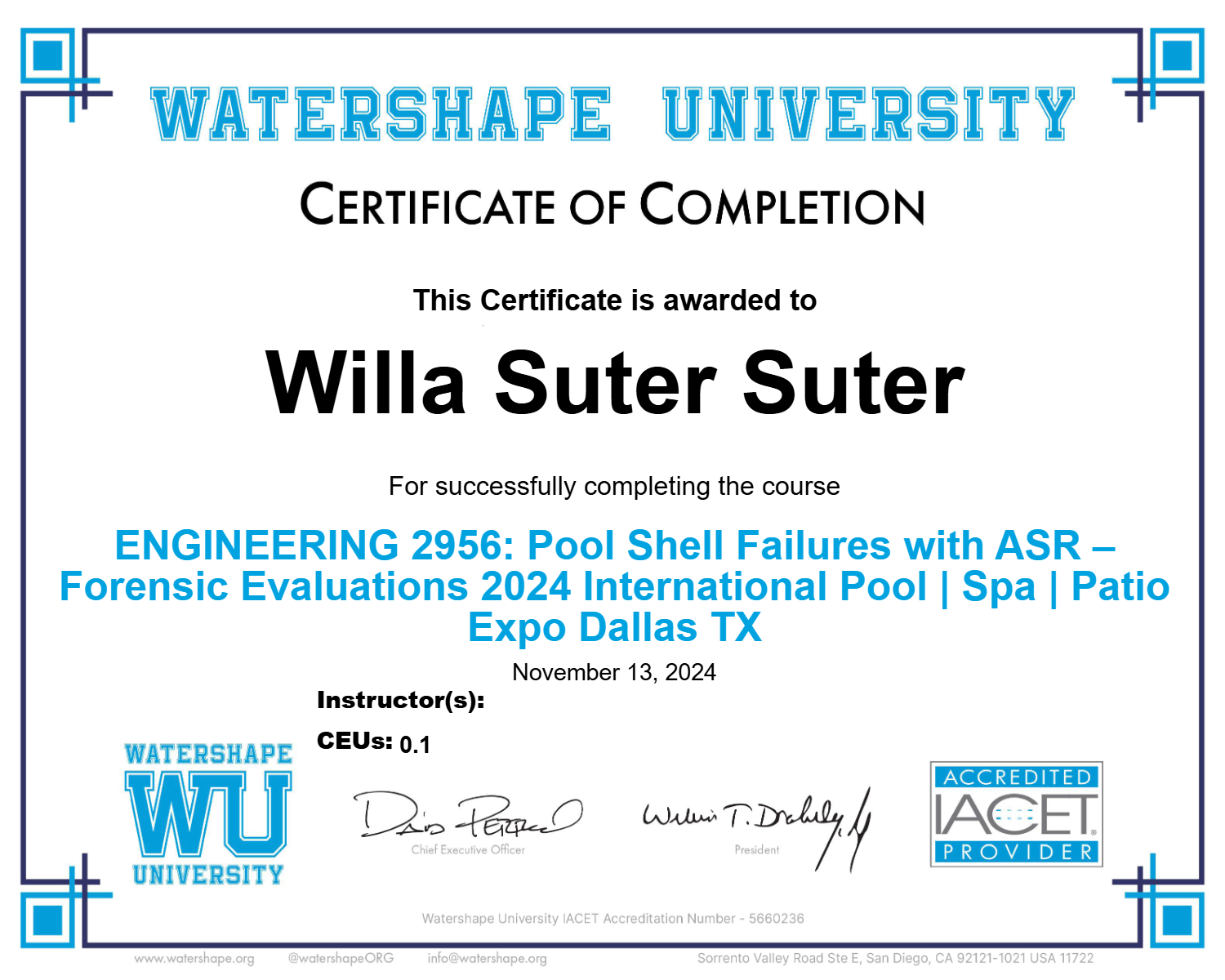 ENGINEERING 2956: Pool Shell Failures with ASR – Forensic Evaluations 2024 International Pool | Spa | Patio Expo Dallas TX Certificate