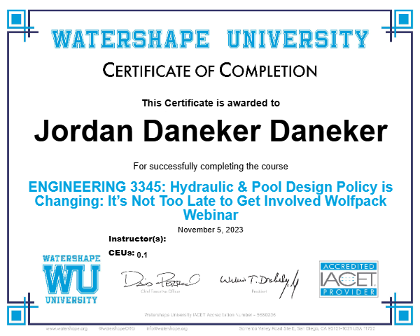 ENGINEERING 3345: Hydraulic & Pool Design Policy is Changing: It’s Not Too Late to Get Involved Wolfpack Webinar Certificate