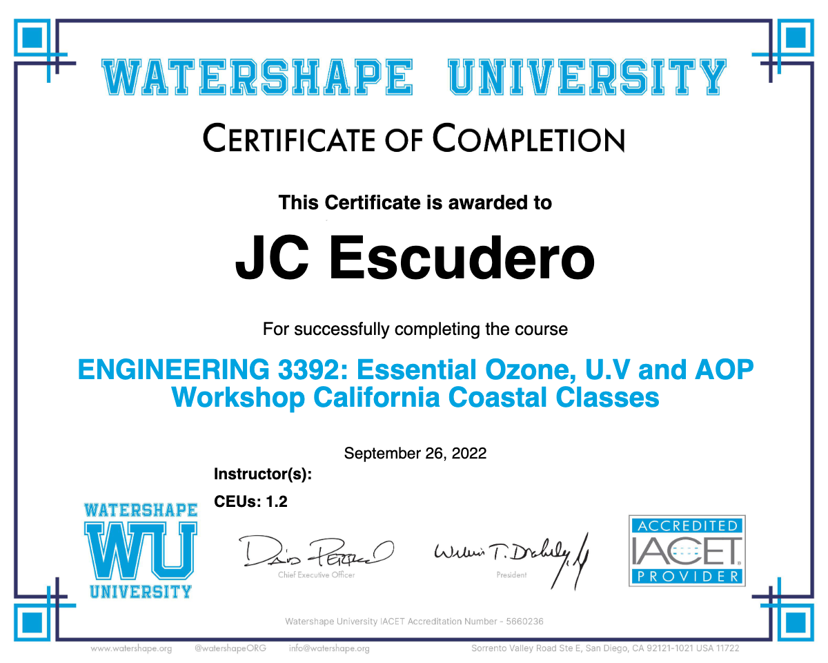 ENGINEERING 3392: Essential Ozone, U.V and AOP Workshop California Coastal Classes Certificate