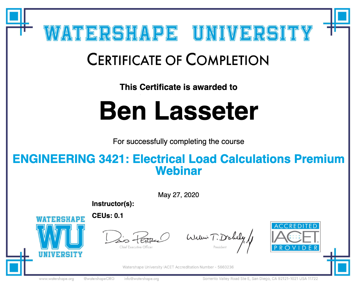 ENGINEERING 3421: Electrical Load Calculations Premium Webinar Certificate
