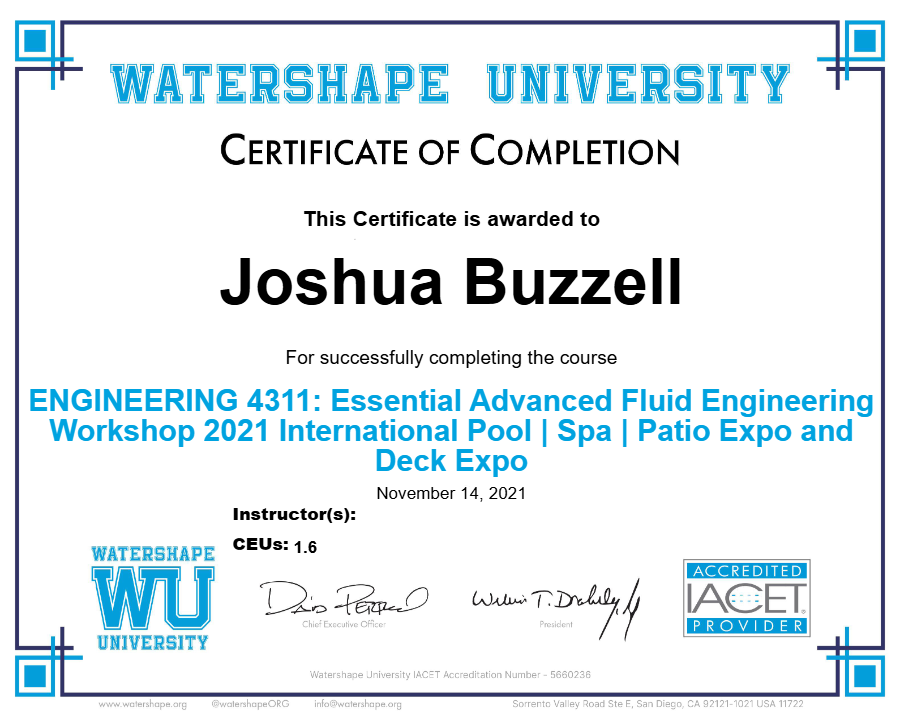 ENGINEERING 4311: Essential Advanced Fluid Engineering Workshop 2021 International Pool | Spa | Patio Expo and Deck Expo Certificate