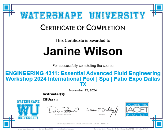 ENGINEERING 4311: Essential Advanced Fluid Engineering Workshop 2024 International Pool | Spa | Patio Expo Dallas TX Certificate