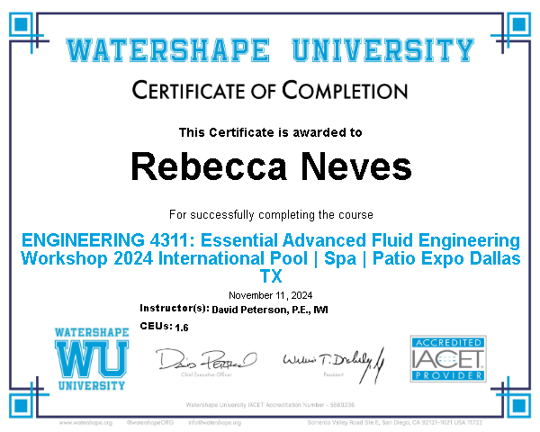 ENGINEERING 4311: Essential Advanced Fluid Engineering Workshop 2024 International Pool | Spa | Patio Expo Dallas TX Certificate