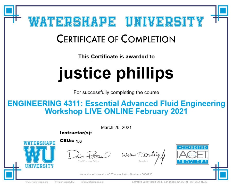 ENGINEERING 4311: Essential Advanced Fluid Engineering Workshop LIVE ONLINE February 2021 Certificate