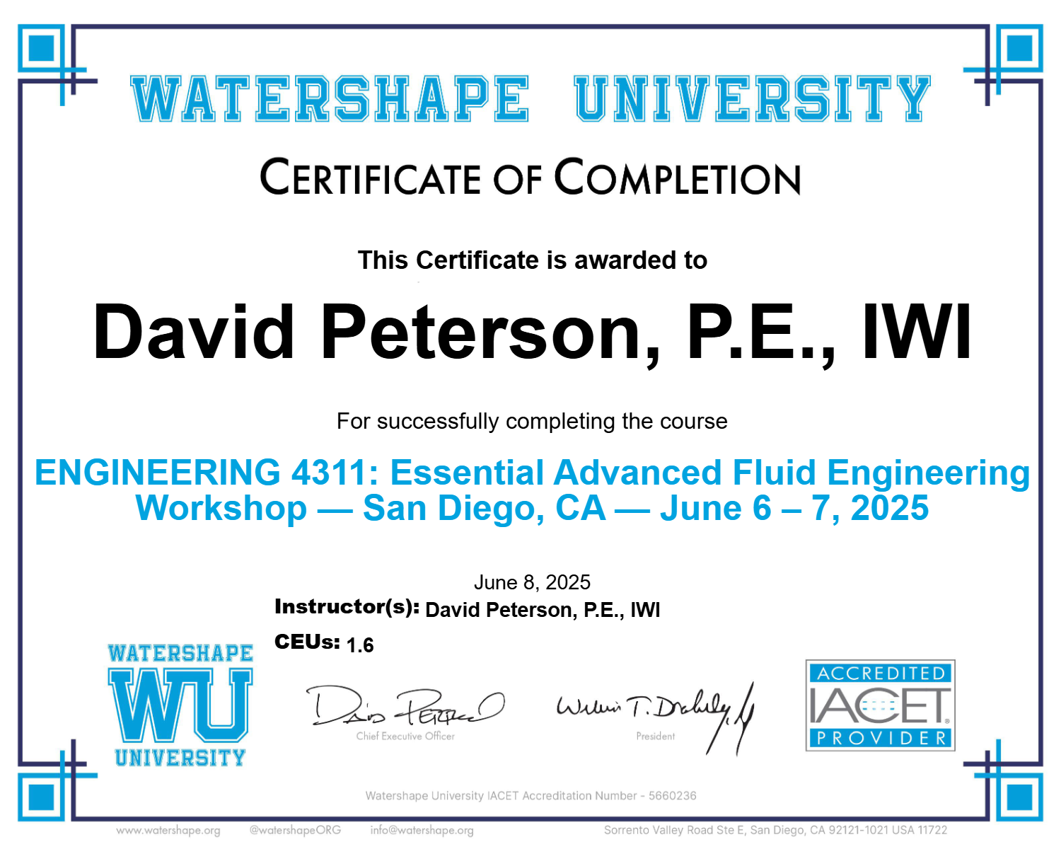 ENGINEERING 4311: Essential Advanced Fluid Engineering Workshop — San Diego, CA — June 6 – 7, 2025 Certificate