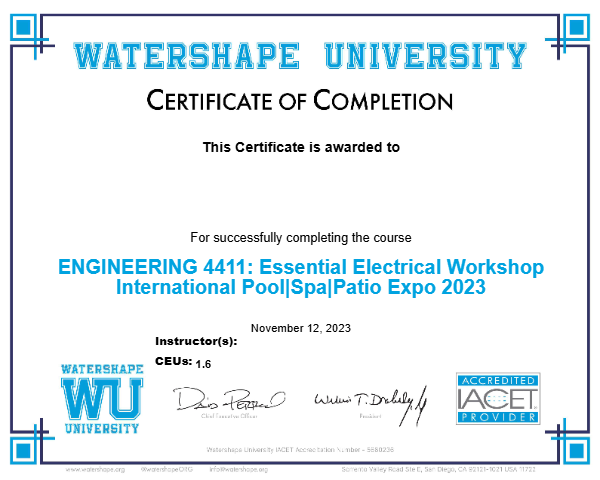 ENGINEERING 4411: Essential Electrical Workshop International Pool|Spa|Patio Expo 2023 Certificate