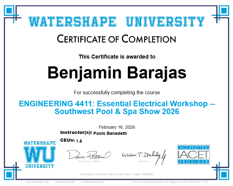ENGINEERING 4411: Essential Electrical Workshop -- Southwest Pool & Spa Show 2026 Certificate