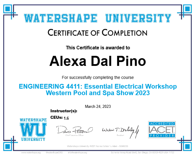 ENGINEERING 4411: Essential Electrical Workshop Western Pool and Spa Show 2023 Certificate