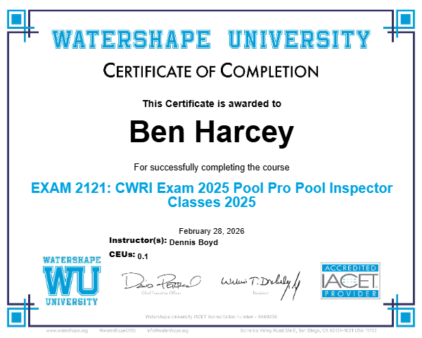 EXAM 2121: CWRI Exam 2025 Pool Pro Pool Inspector Classes 2025 Certificate
