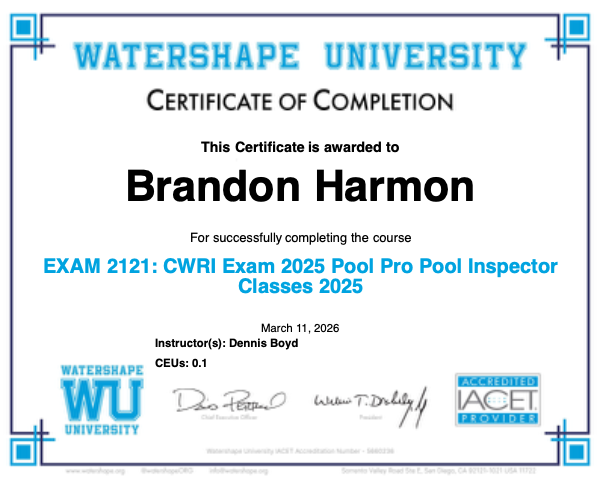 EXAM 2121: CWRI Exam 2025 Pool Pro Pool Inspector Classes 2025 Certificate