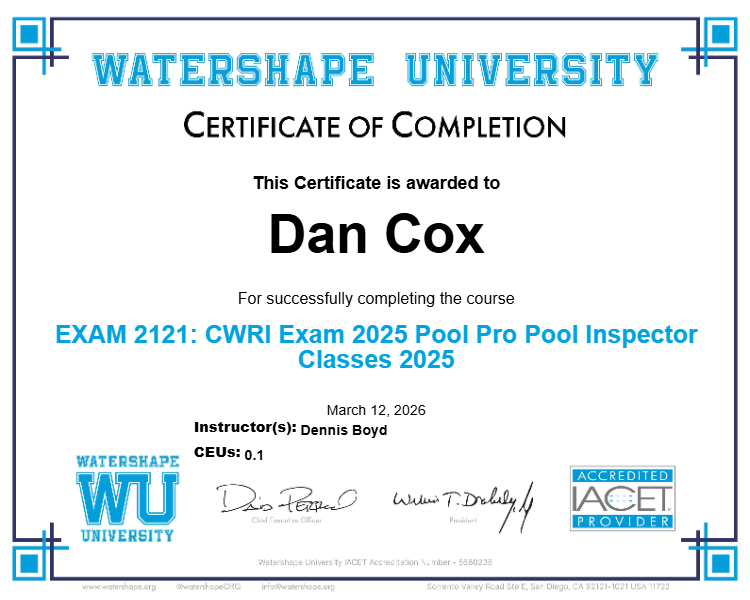 EXAM 2121: CWRI Exam 2025 Pool Pro Pool Inspector Classes 2025 Certificate