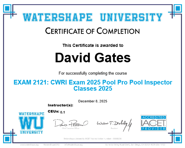 EXAM 2121: CWRI Exam 2025 Pool Pro Pool Inspector Classes 2025 Certificate