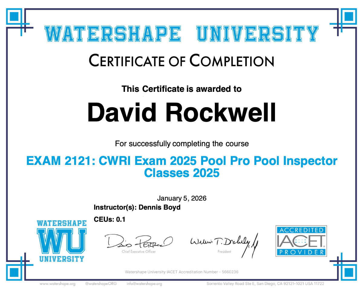 EXAM 2121: CWRI Exam 2025 Pool Pro Pool Inspector Classes 2025 Certificate