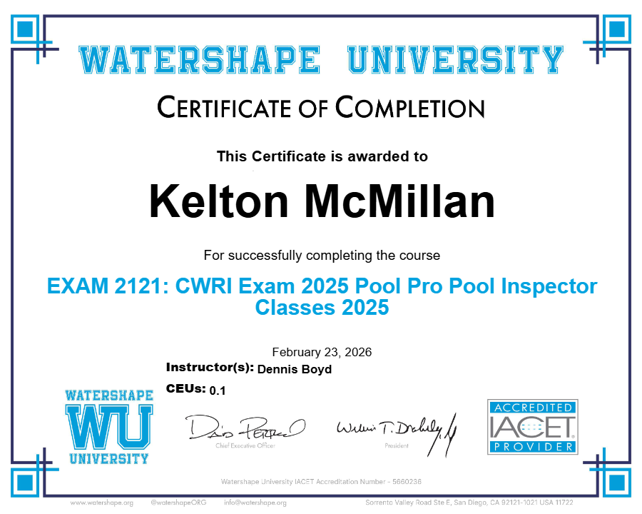 EXAM 2121: CWRI Exam 2025 Pool Pro Pool Inspector Classes 2025 Certificate