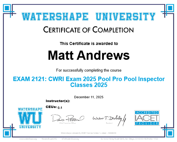 EXAM 2121: CWRI Exam 2025 Pool Pro Pool Inspector Classes 2025 Certificate