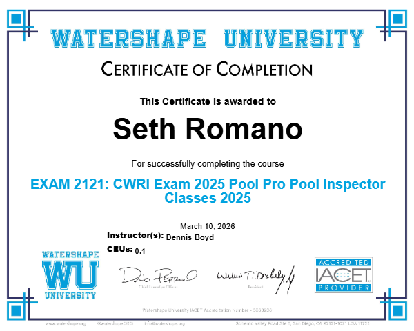 EXAM 2121: CWRI Exam 2025 Pool Pro Pool Inspector Classes 2025 Certificate