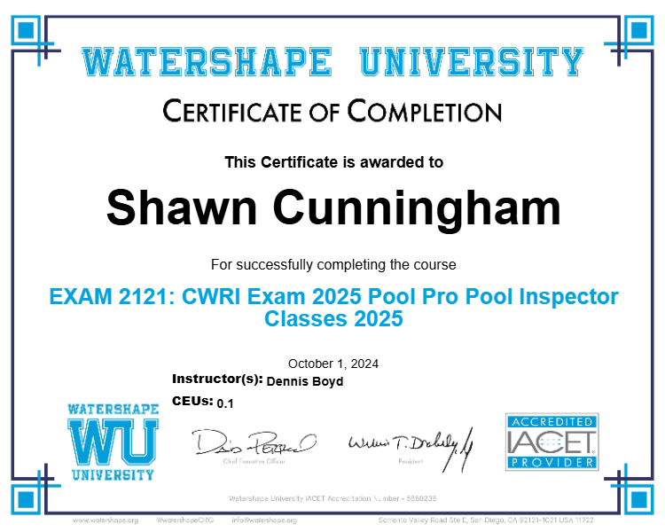 EXAM 2121: CWRI Exam 2025 Pool Pro Pool Inspector Classes 2025 Certificate