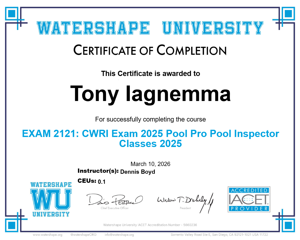 EXAM 2121: CWRI Exam 2025 Pool Pro Pool Inspector Classes 2025 Certificate