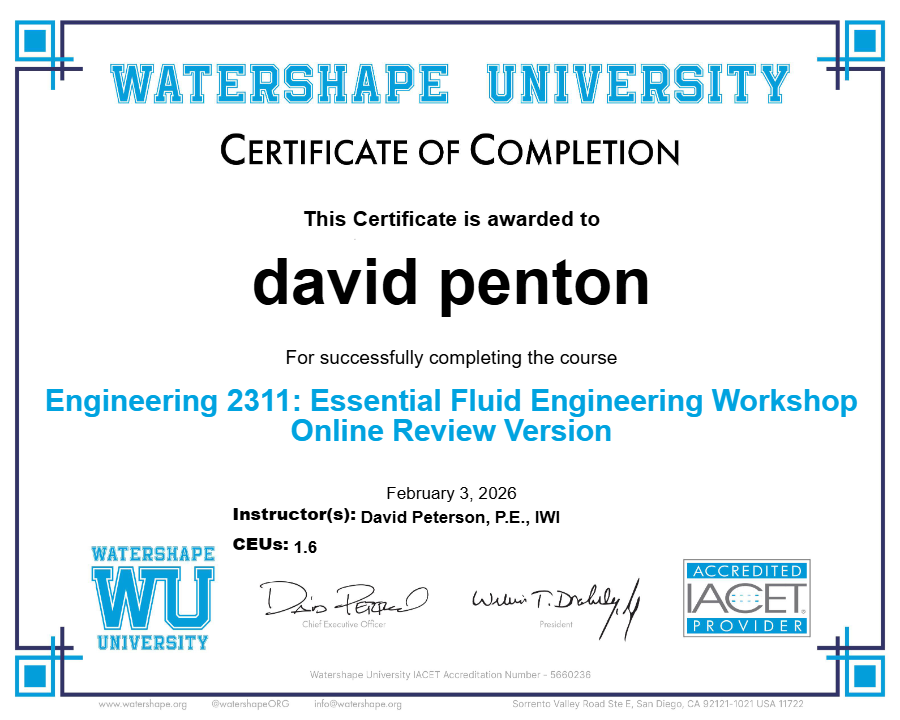 Engineering 2311: Essential Fluid Engineering Workshop Online Review Version Certificate