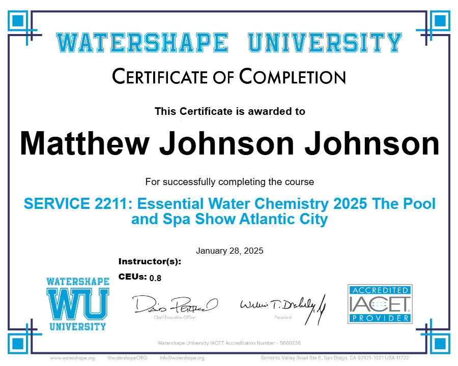 SERVICE 2211: Essential Water Chemistry 2025 The Pool and Spa Show Atlantic City Certificate