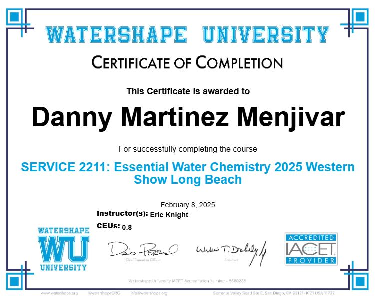 SERVICE 2211: Essential Water Chemistry 2025 Western Show Long Beach Certificate