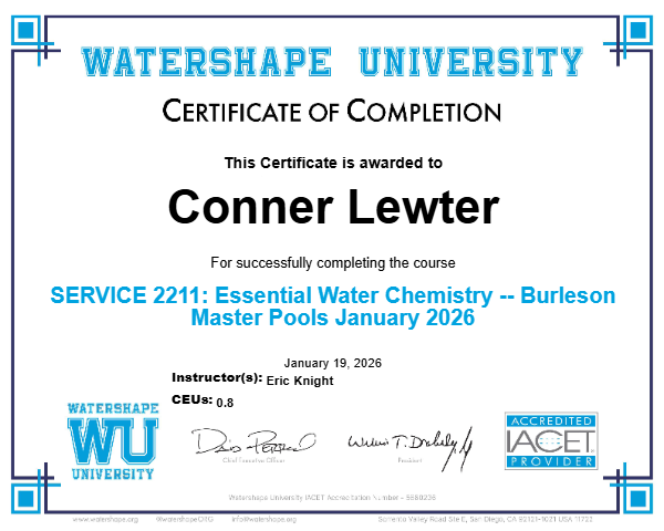 SERVICE 2211: Essential Water Chemistry -- Burleson Master Pools January 2026 Certificate