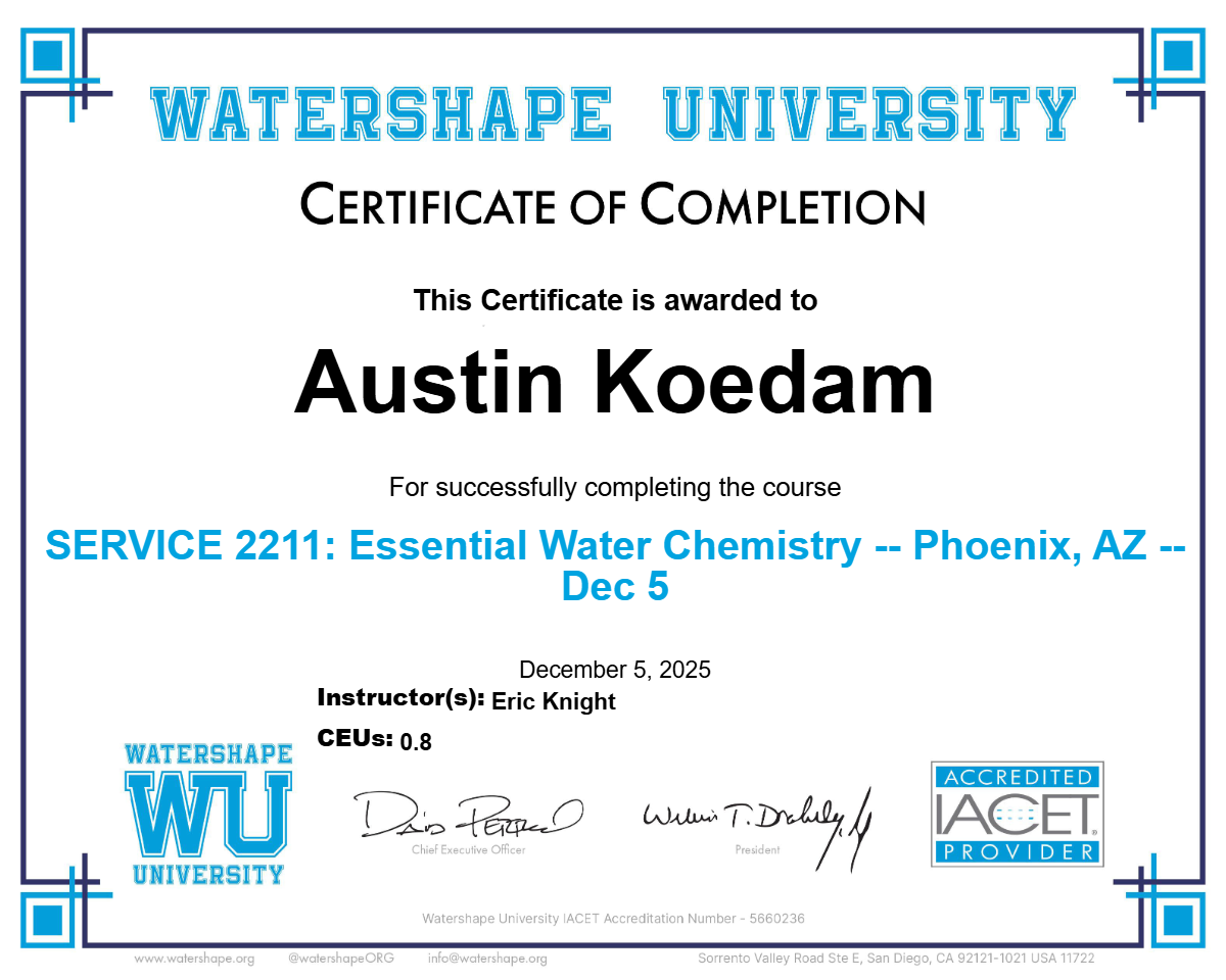 SERVICE 2211: Essential Water Chemistry -- Phoenix, AZ -- Dec 5 Certificate