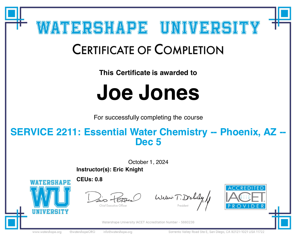 SERVICE 2211: Essential Water Chemistry -- Phoenix, AZ -- Dec 5 Certificate
