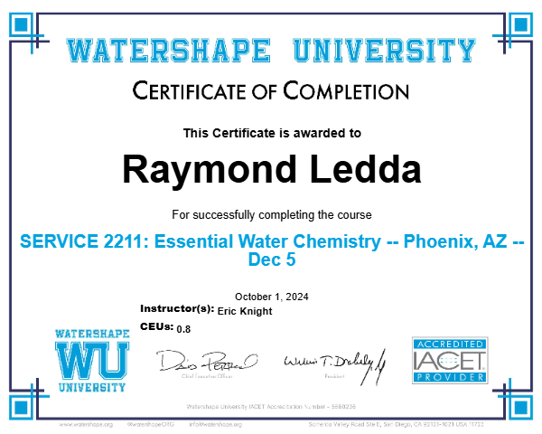 SERVICE 2211: Essential Water Chemistry -- Phoenix, AZ -- Dec 5 Certificate