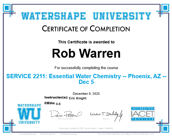 SERVICE 2211: Essential Water Chemistry -- Phoenix, AZ -- Dec 5 Certificate