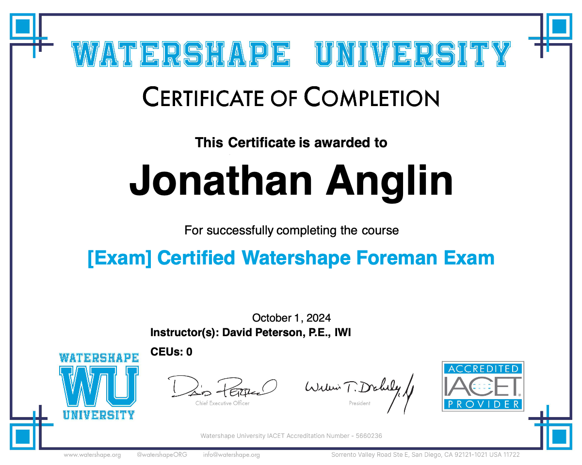 [Exam] Certified Watershape Foreman Exam  Certificate